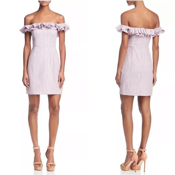 New Wayf Gayle pink Striped print Off the Shoulder Ruffle Shift dress - Picture 1 of 8